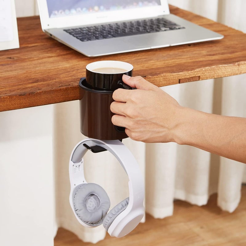 GUNKING Luxury 2-in-1 Anti-Spill Cup Holder with Under Desk Headphone Hanger (Coffee Brown) - Image 3